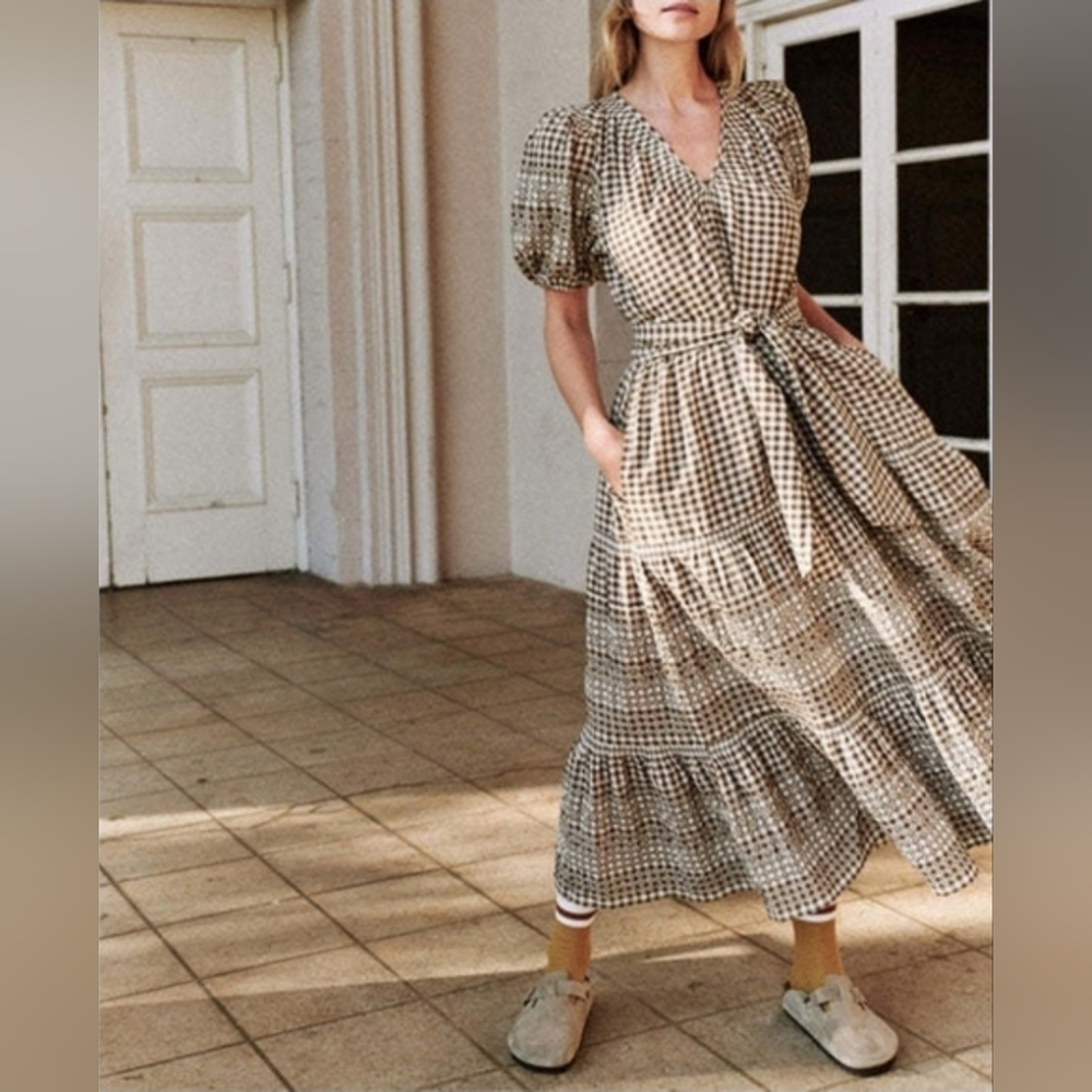 The GREAT. the cross stitch dakota dress in espresso brown gingham, 0 ( xsmall )